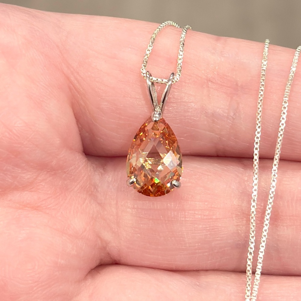 14K Citrine Teardrop Pendant, White Gold, Rose Pear Cut, Yellow Orange Cognac - Picture 5 of 16